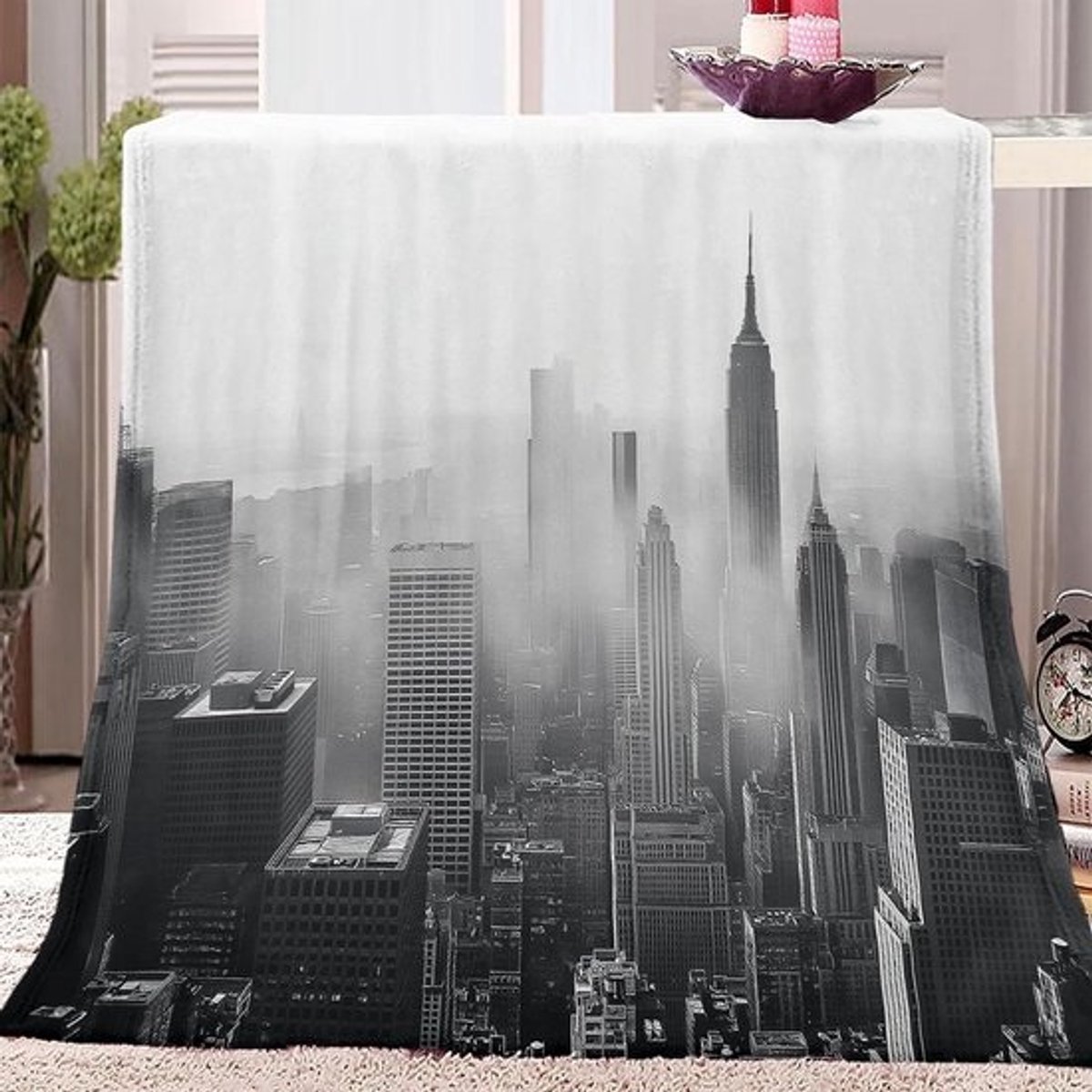 Knuffeldeken Flanel - Zachte Deken - Gezelligheid Thuis - Modern Stadsprint - 130 x 150 cm - Wit Zwart