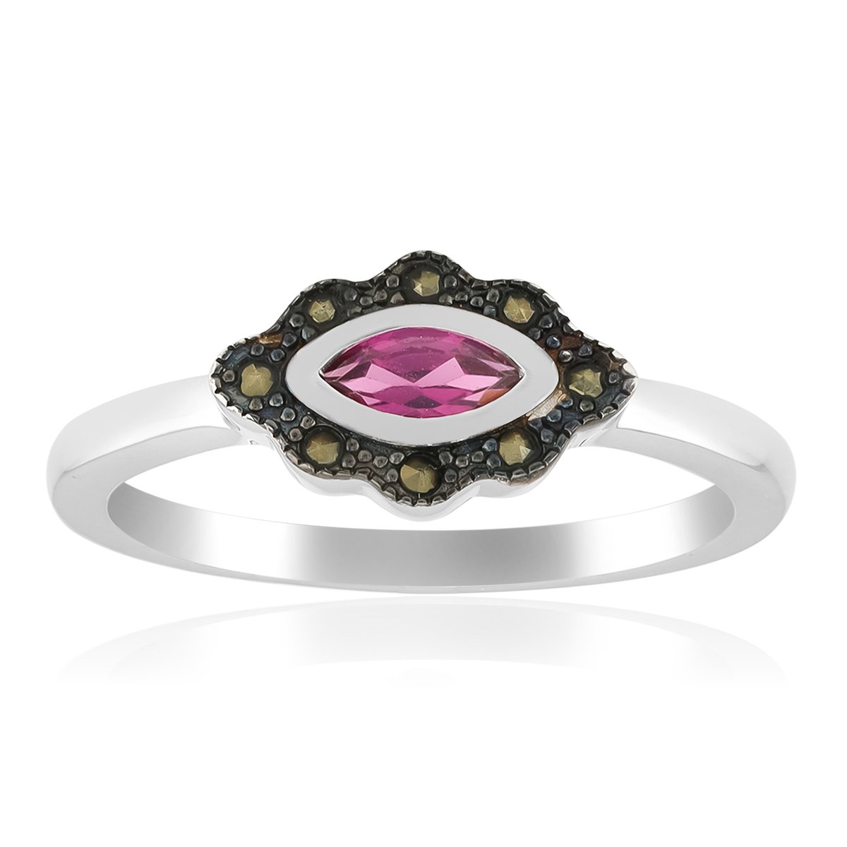 Cavill - 925 Sterling Zilver Gerhodineerd - Rhodoliet Marquise 0,27 ct met Vintage Marcasiet Rond 0,04 ct - Elegante Damesring