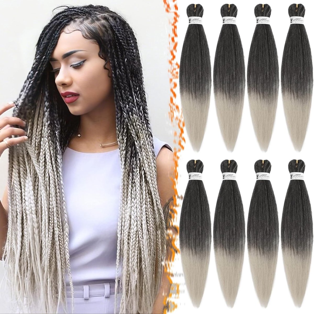26 Inch Pre-Stretched Vlecht Haar, 8 Packs Zwart Ombre Grijs Vlecht Extensions, Synthetisch Haar voor Eenvoudig Vlechten en Yaki Textuur voor Vrouwen