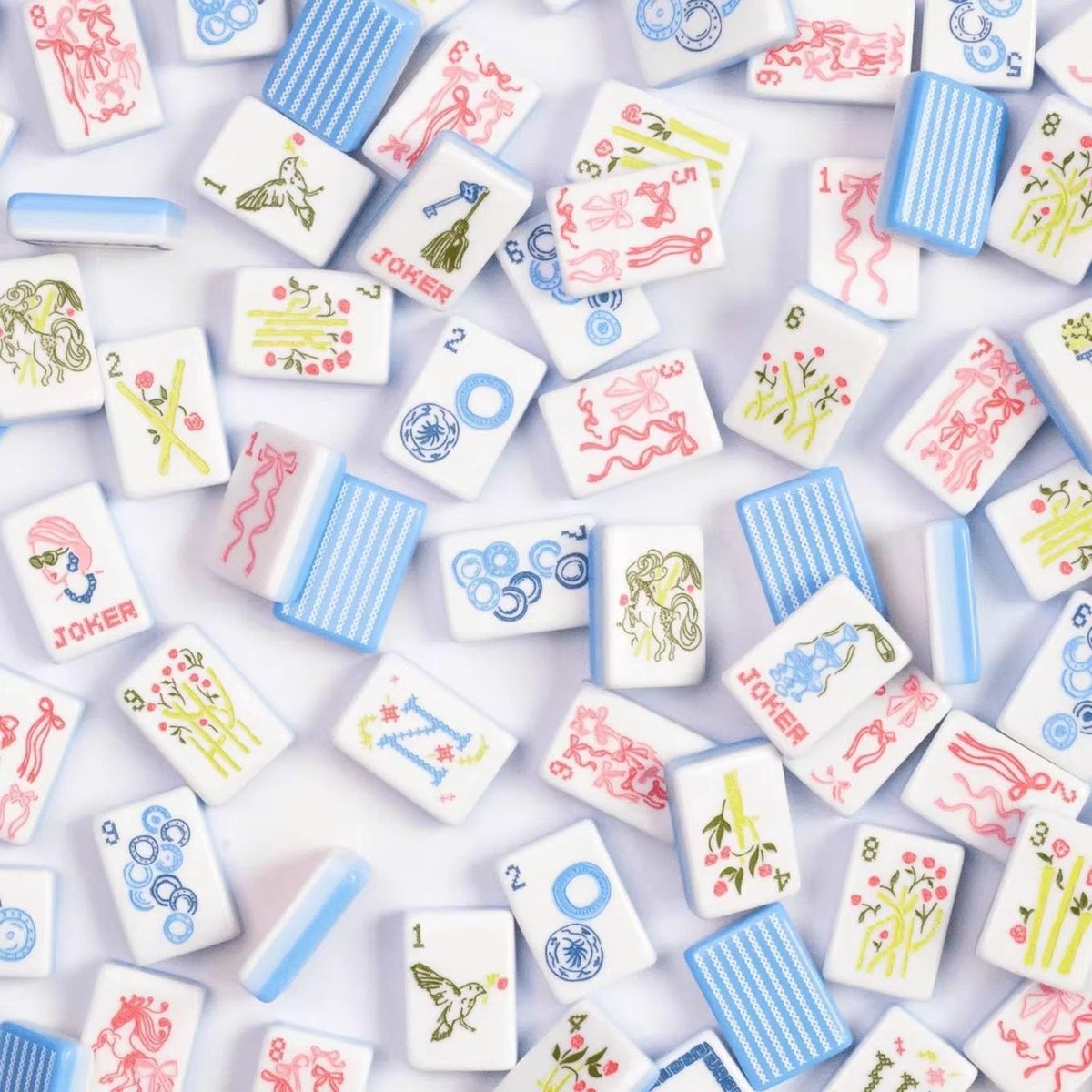 Amerikaanse Mahjong-set met 160 gegraveerde acryltegels - Blauwgrijs-wit gestreept