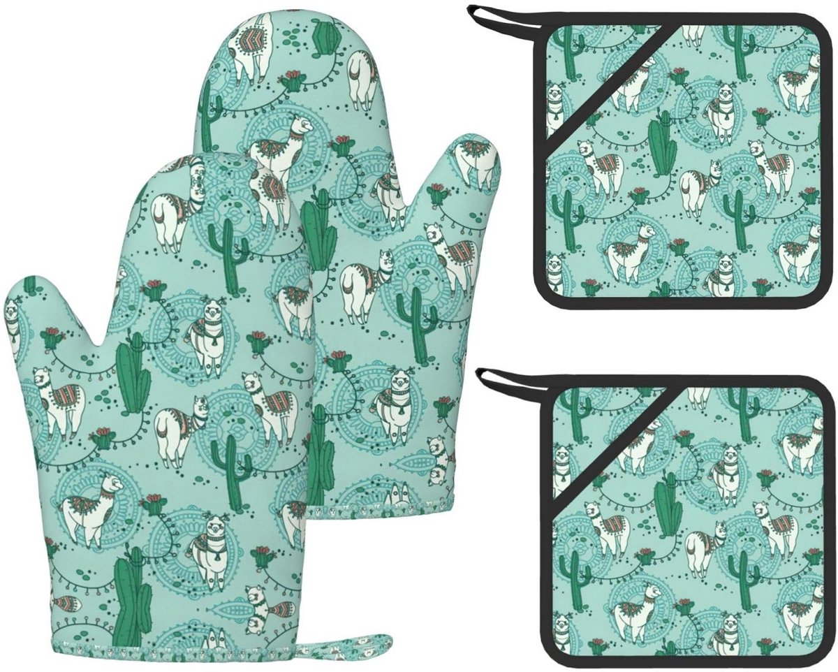Pannenlappen en Kookhandschoenen Set - Llama Alpaca Groen 4 Stuks