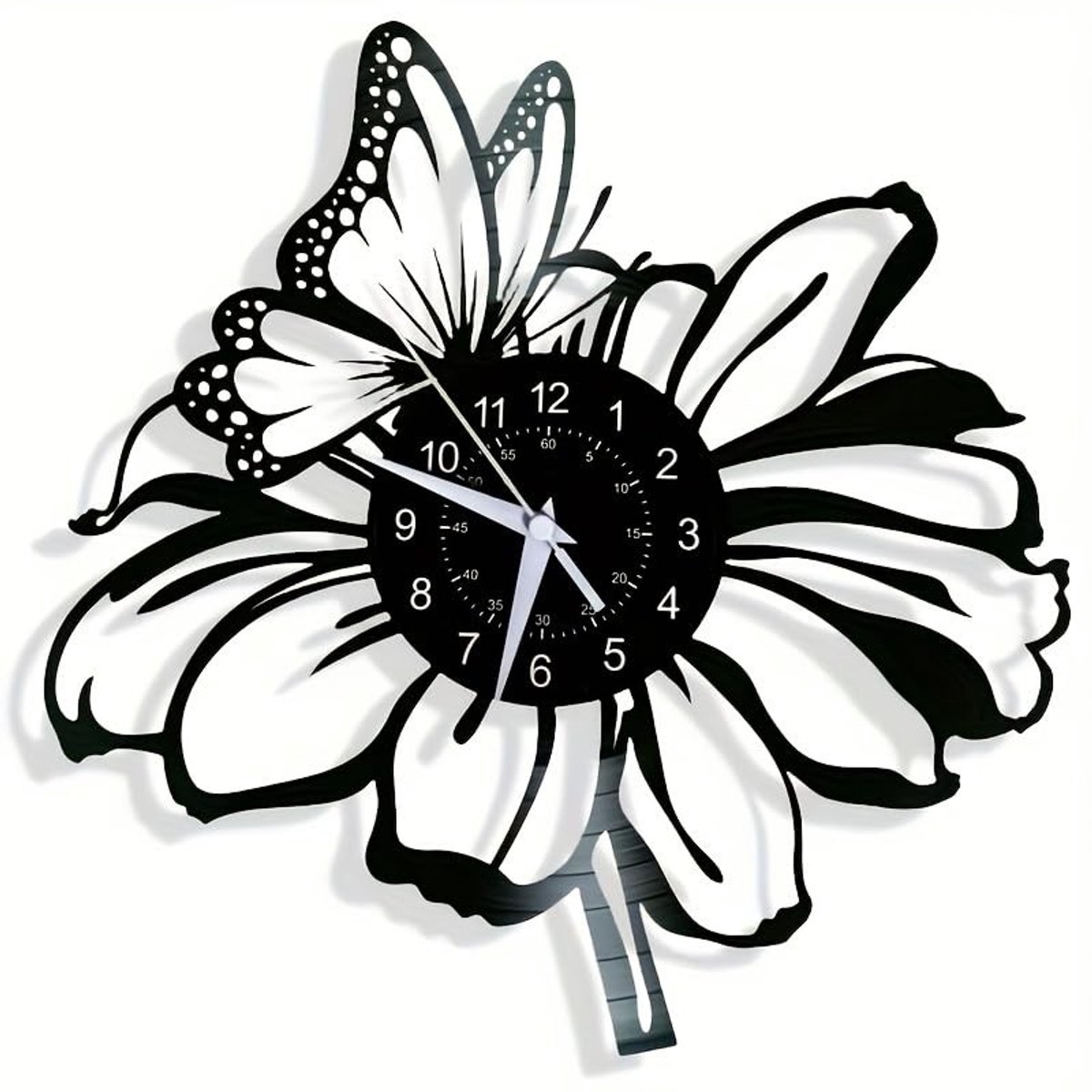 Vinyl Wandklok met Vlinder en Bloem Motief - 30 cm Zwart
