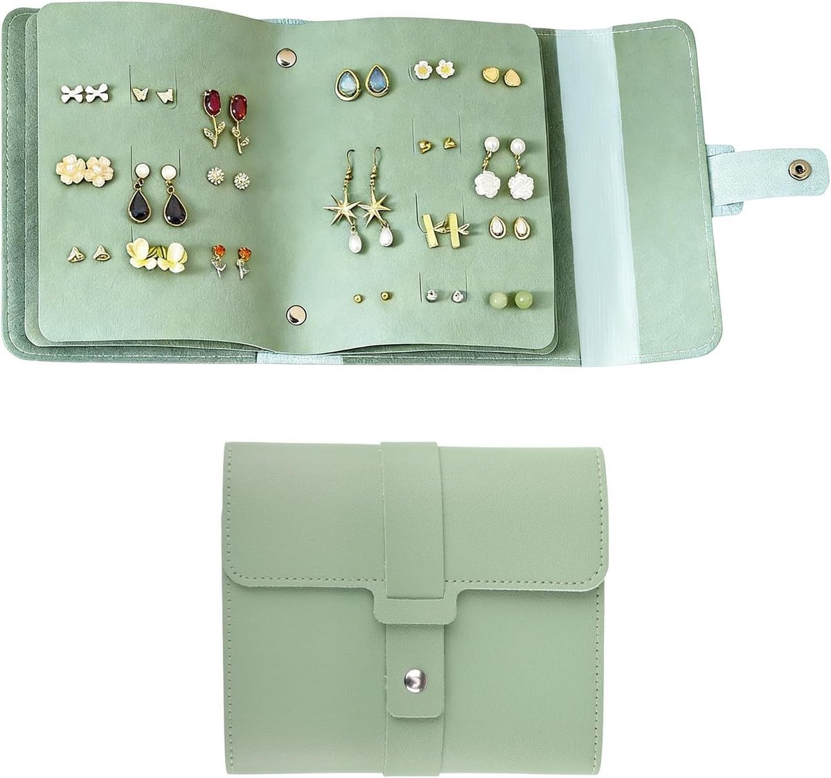 Kleine opvouwbare tas in boekstijl voor het opbergen van oorbellen, ideaal voor reizen en dagelijks gebruik, groen