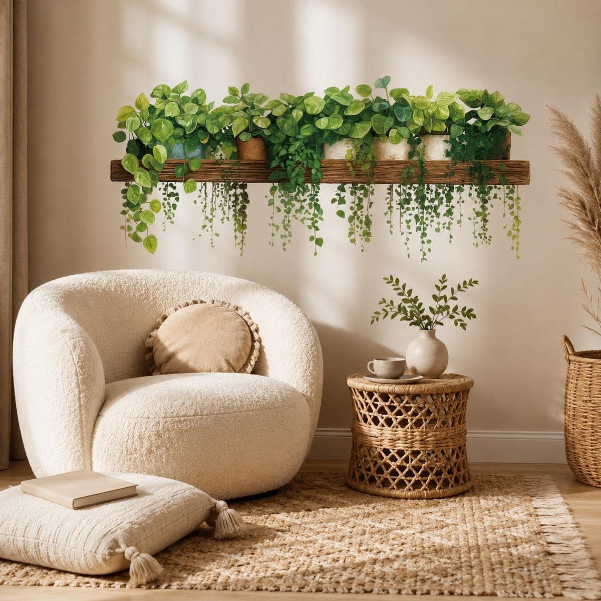 Behang - Groene Planten Wandsticker - Botanische Wanddecoratie met Plank en Hangplanten - 30x60 cm - Zelfklevend PVC - Voor Woonkamer, Slaapkamer en Kantoor - 1 stuk