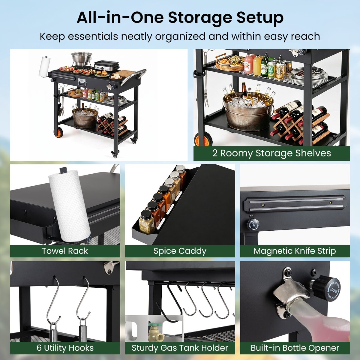 SureDeal® - Kamper - Grillwagen Opvouwbare Grilltafel - Niveaus Ondergrond - Haken Buitenkeuken Draagbare - 109x46x87 cm - Zwart
