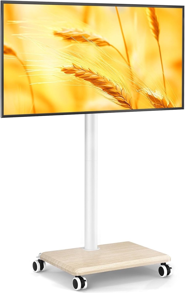 Mobiele TV Stand voor 27-55 Inch TV, Hoogte Verstelbare en Draaibare Trolley met Houten Basis, Max VESA 400 x 400mm, Draagvermogen tot 40KG (Beige)