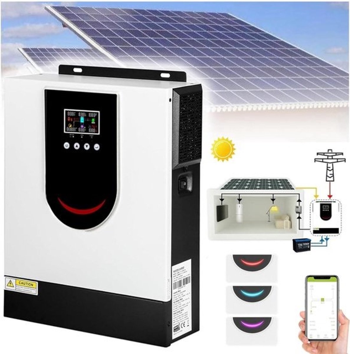 Hybride Zonne-Omvormer - Off-Grid On-Grid Omvormer - Energie Opslag - MPPT Zonnelaadregelaar - 15KW 24V - Wit
