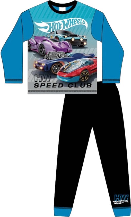 Hot Wheels pyjamaset met blauw shirt en zwarte broek. Shirt heeft print van raceauto's en 'HW SPEED CLUB'.