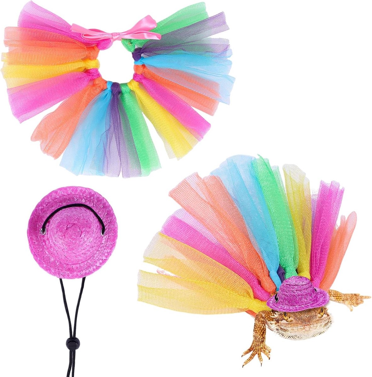 2-delige Kostuumset voor Baardagaam met Verstelbare Hoed en Regenboog Tutu Rok voor Kleine Huisdieren zoals Cavia's, Ratjes en Fretten voor Feestdagen en Halloween