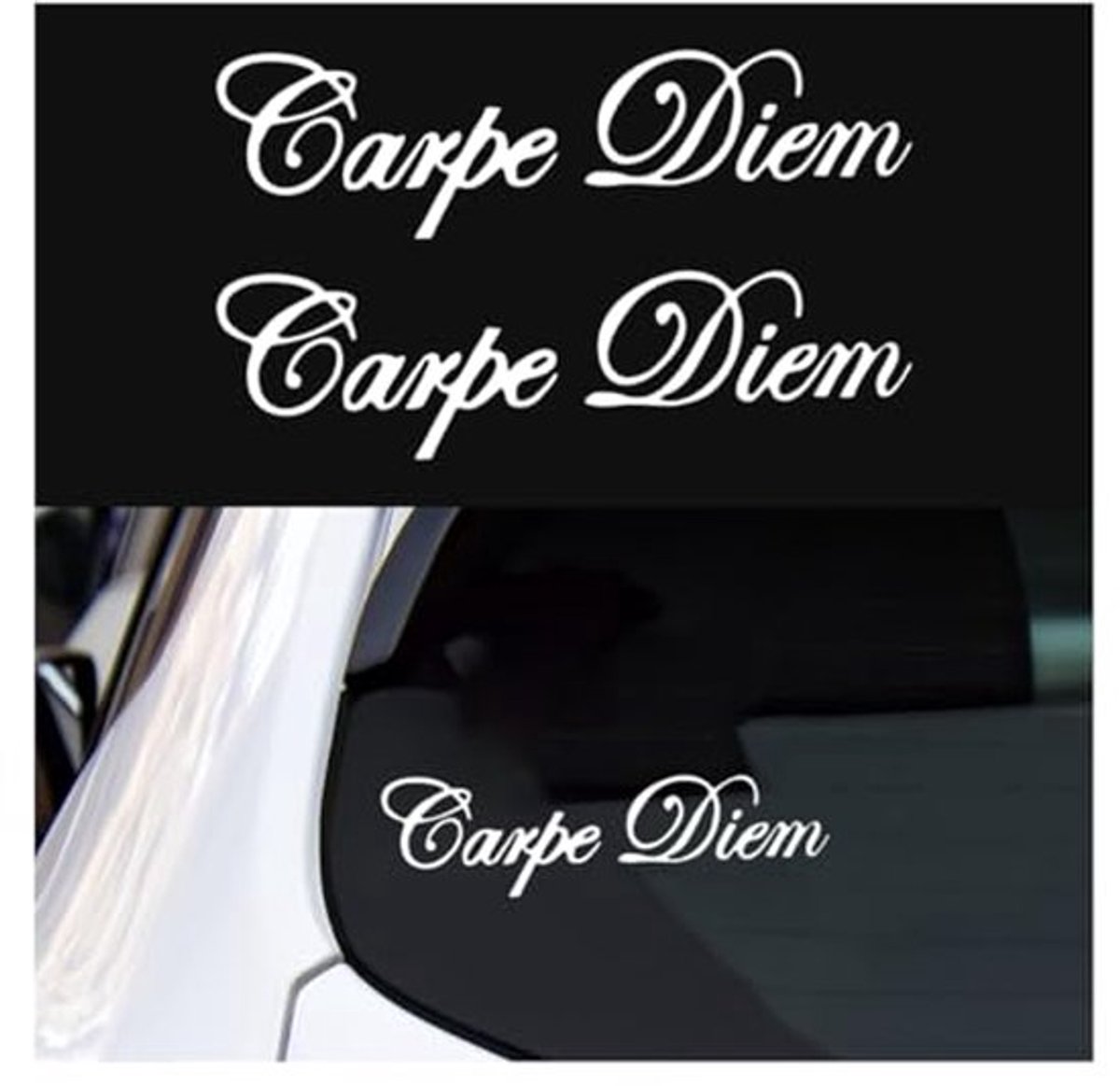2 stuks Creatieve Carpe Diem stickers, Mode Brief Bedrukt Carpe Diem Reflecterende Waterdichte Voertuigstickers, Carpe Diem Autosticker, Auto Exterieur Decoratieve Accessoires (Wit)