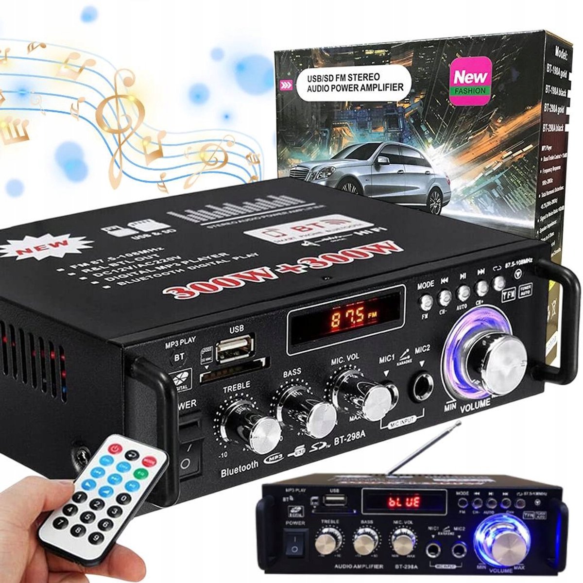 Bluetooth Versterker - Mini Versterker - HiFi Stereo Audioversterker - 2 Kanalen - 300W+300W - USB/SD - FM Radio - Dubbele Microfooningang - Afstandsbediening - 12V/220V - Voor Karaoke & Home Cinema