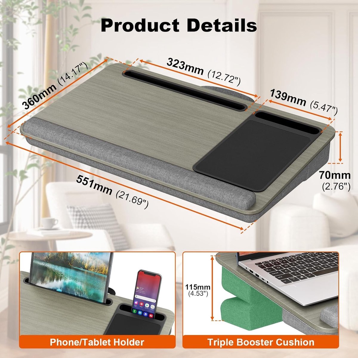 Verstelbare Laptop Kussen voor Bed met Kussen en Muismat, Geschikt voor Notebooks tot 17.3", Ideaal voor Studeren en Werken met Tablet- en Telefoonhouder, Grijs