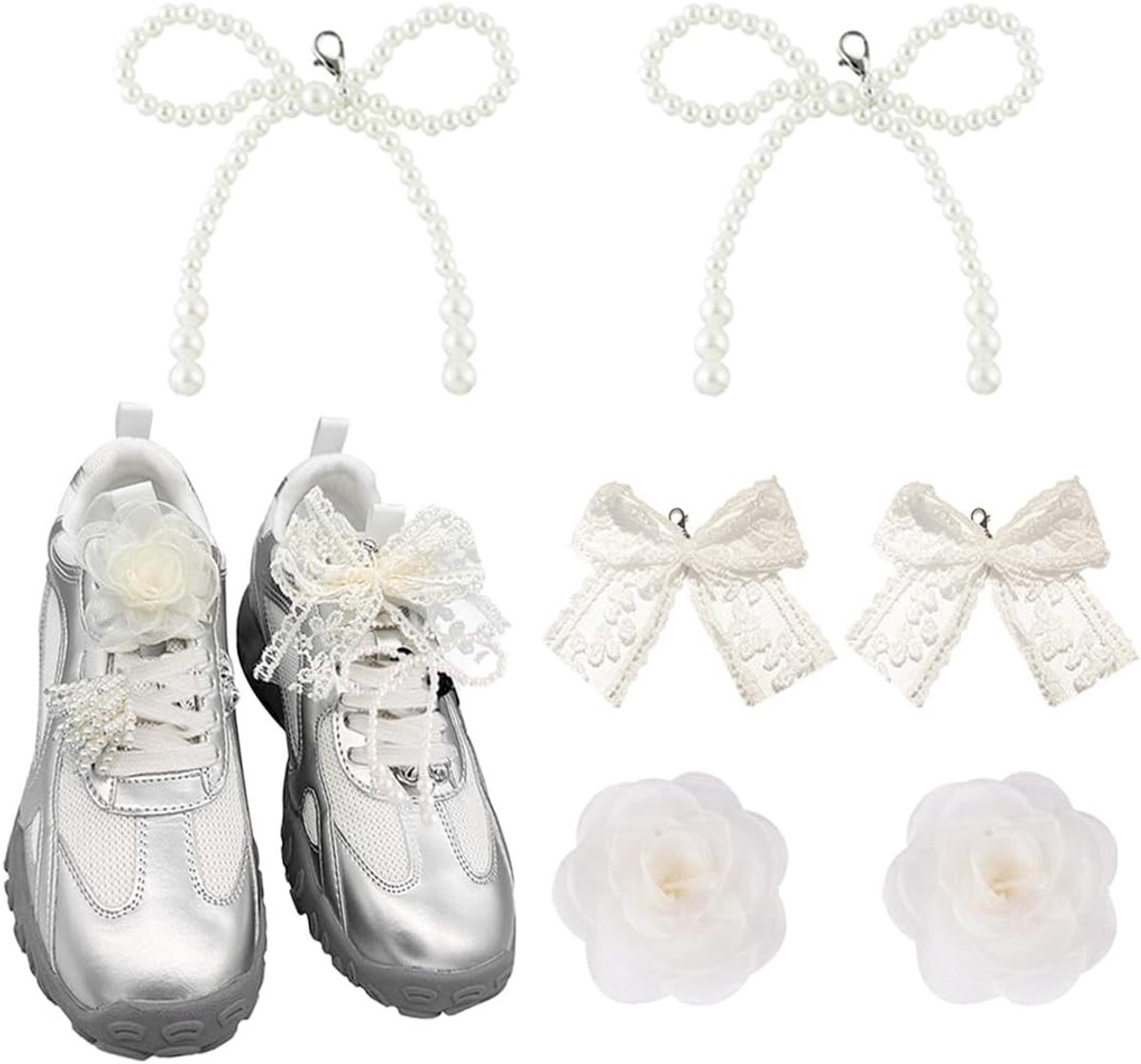 Schoenaccessoires voor vrouwen: 6 paar schoenjuwelen met parels en strik, DIY schoenclips en -hangers