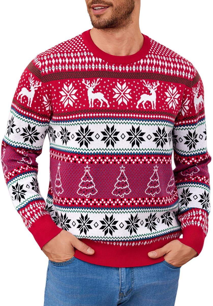 Wintersweater voor heren - Rood met rendier en sneeuwvlokken