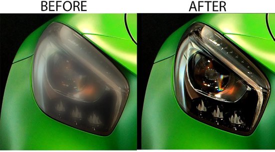 Voor en na foto van een groene auto koplamp, voor de reparatie set.