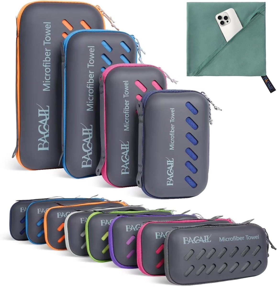 Camping Handdoek met Hoes - Compact en Ultra Zacht Microfiber - Grijs Groen