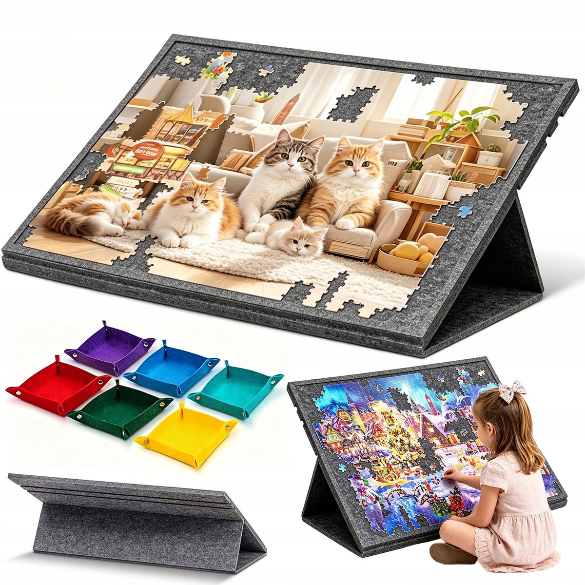 Puzzelbord - Vilt Puzzelmat - 79x55 cm - 3 Instelbare Kantelhoeken - 6 Bakjes - Opvouwbaar - 1000 Stukjes - Puzzelmap - Voor Thuis en Reizen - Cadeau