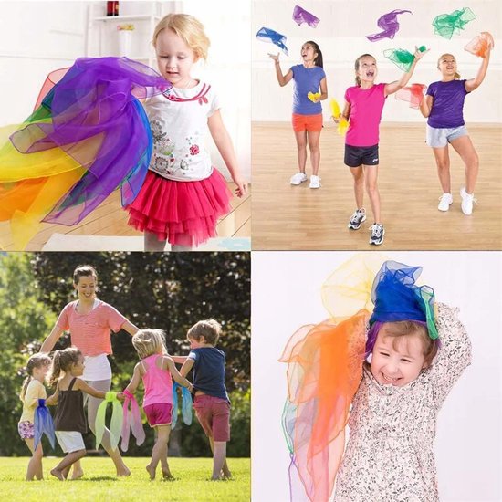 Boven: Een meisje dat een regenboog sjaal vasthoudt; kinderen die dansen. Onder: Kinderen die buiten spelen met sjaals; een meisje dat een kleurrijke sjaal vasthoudt.