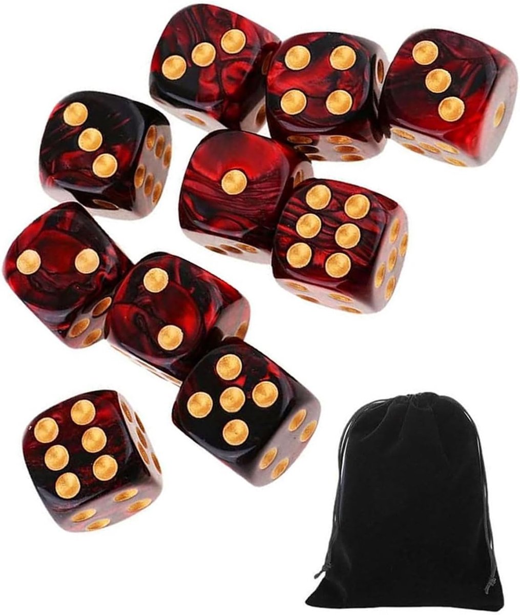 SnelShoppen - 10-delige D6 Dobbelstenen Set 16mm Acryl Dobbelstenen met Fluwelen Tas voor Bordspellen en Rollenspellen (Zwart Rood)