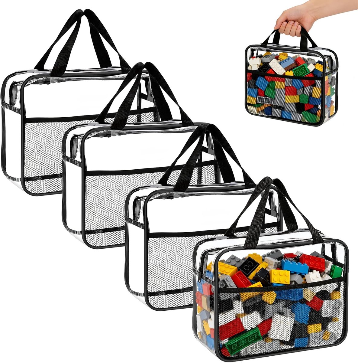 4 stuks opbergzakken voor speelgoed, 30 x 22 x 10 cm, pvc-opbergtas, transparante toiletzakken met ritssluiting en netvakken, opbergtas voor badspeelgoed, puzzels, bouwstenen