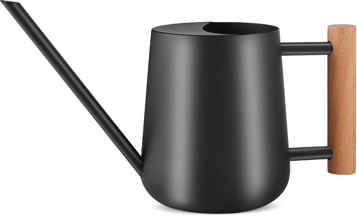 1L 35oz gieter, roestvrij staal metaal mini kleine 1000ml gieter met lange tuit en houten handvat voor kamerplanten, bonsai, buiten tuin bloemen - zwart
