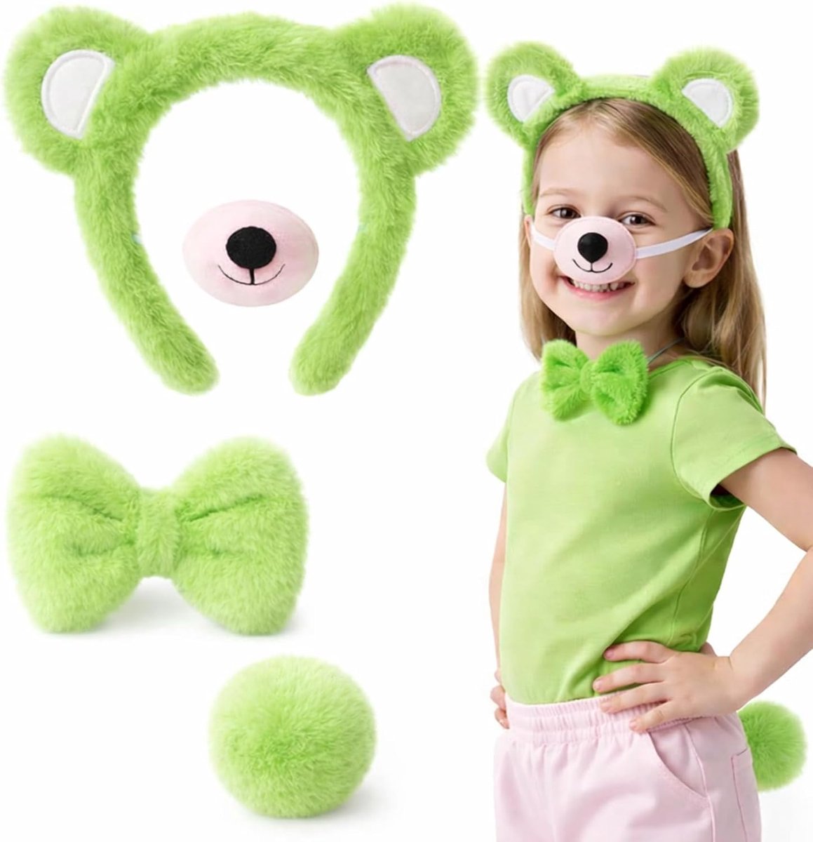 kostuum accessoireset – haarband met neus, staart en vlinderdas, dierverkleding voor kinderen en volwassenen, geschikt voor carnaval, Halloween en themafeest