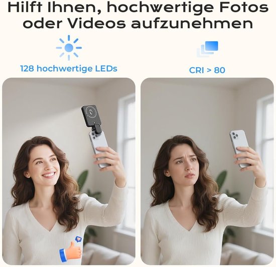 Lumiere Selfie-telefoon, 128 LEDS, RGB-Modus | Selfielamp 3000-6500 K 8 kleuren, met instelbare helderheid, oplaadbaar via USB, voor telefoon, camera, computer — afbeelding 3