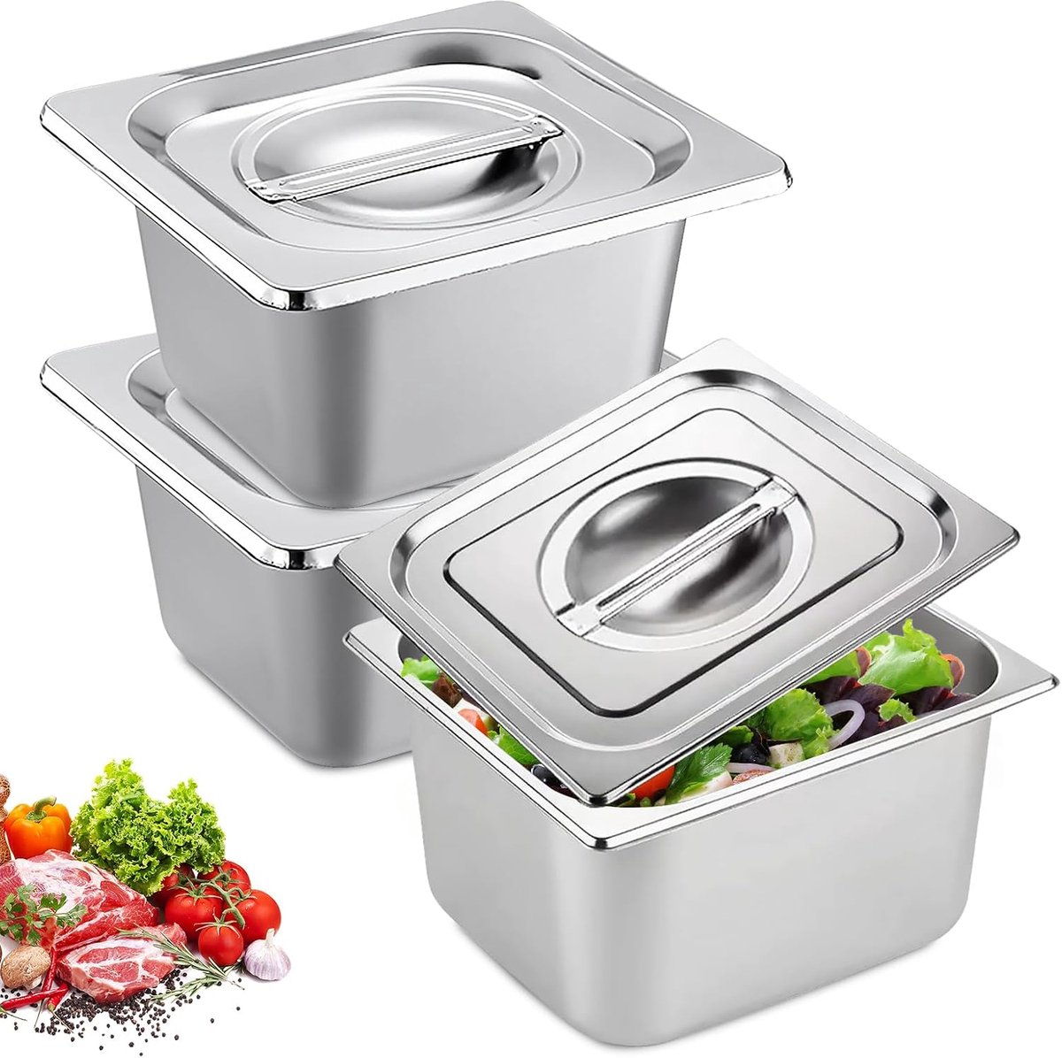 Set van 3 roestvrijstalen voedselcontainers, rechthoekige ovenschaal, 17,6 x 16,2 cm, ovenschalen van roestvrij staal, rechthoekige ovenschaal, ovenschaal van roestvrij staal, voor het serveren van