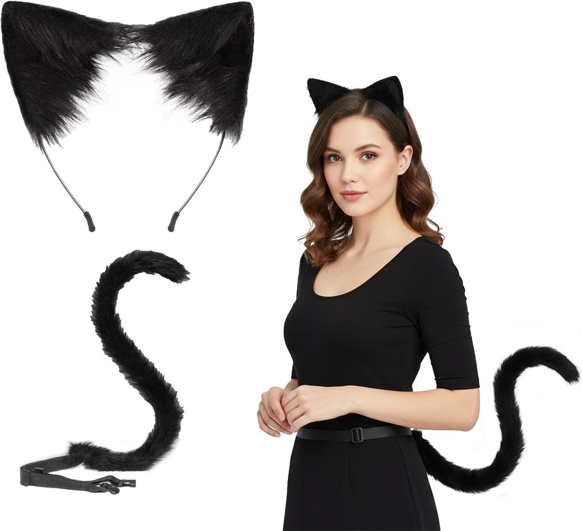 Kattenoren en kattenstaartset, haarband kattenoren en kattenstaart-kostuum, vos-kostuum voor dames en kinderen, carnaval, Halloween, cosplay, feest