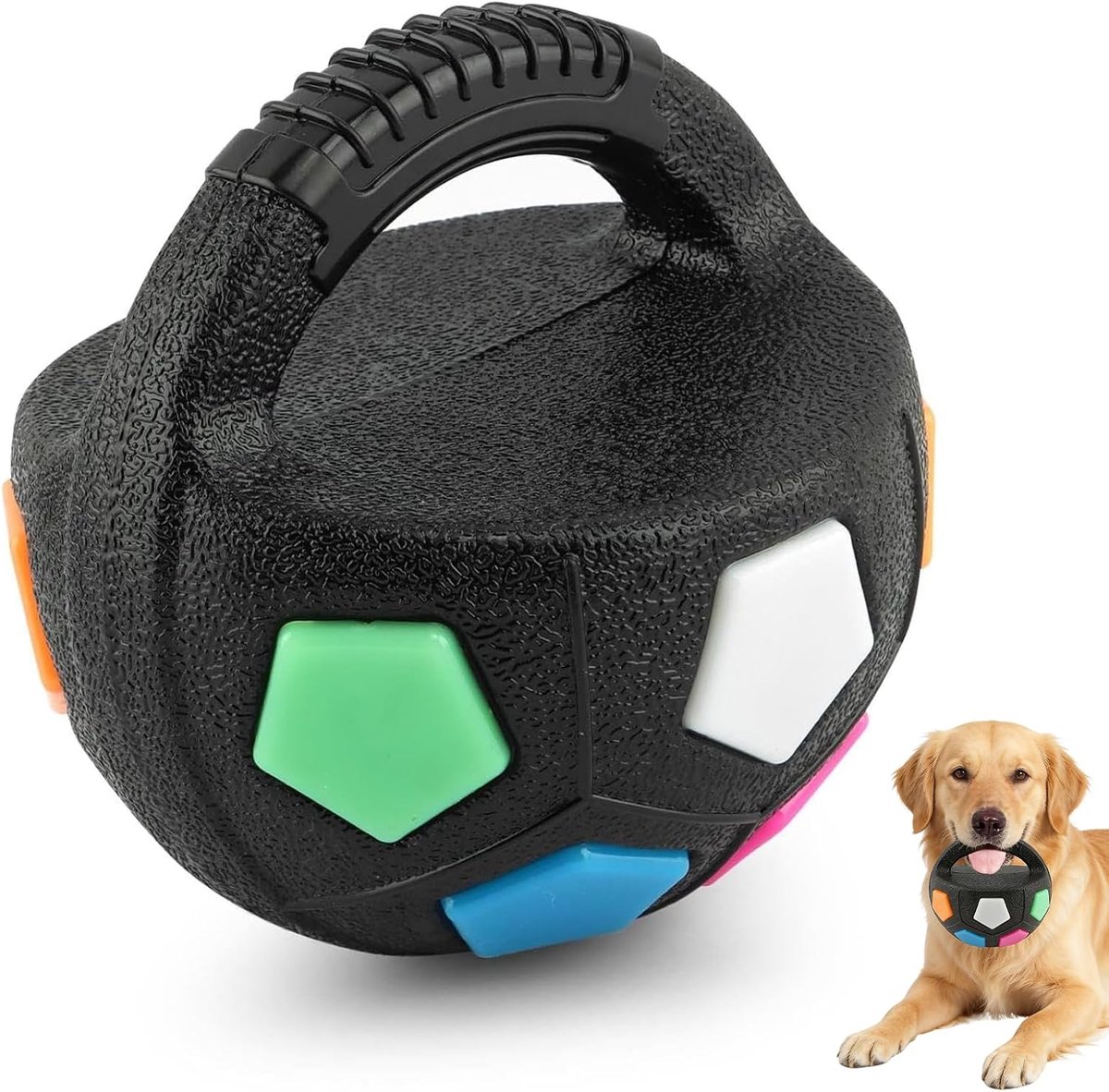 Hondenspeelgoed in voetbalvorm met handvat, onverwoestbaar kauwspeelgoed 13 cm van rubber, interactieve bal voor middelgrote en grote honden, ideaal voor buitenspelen