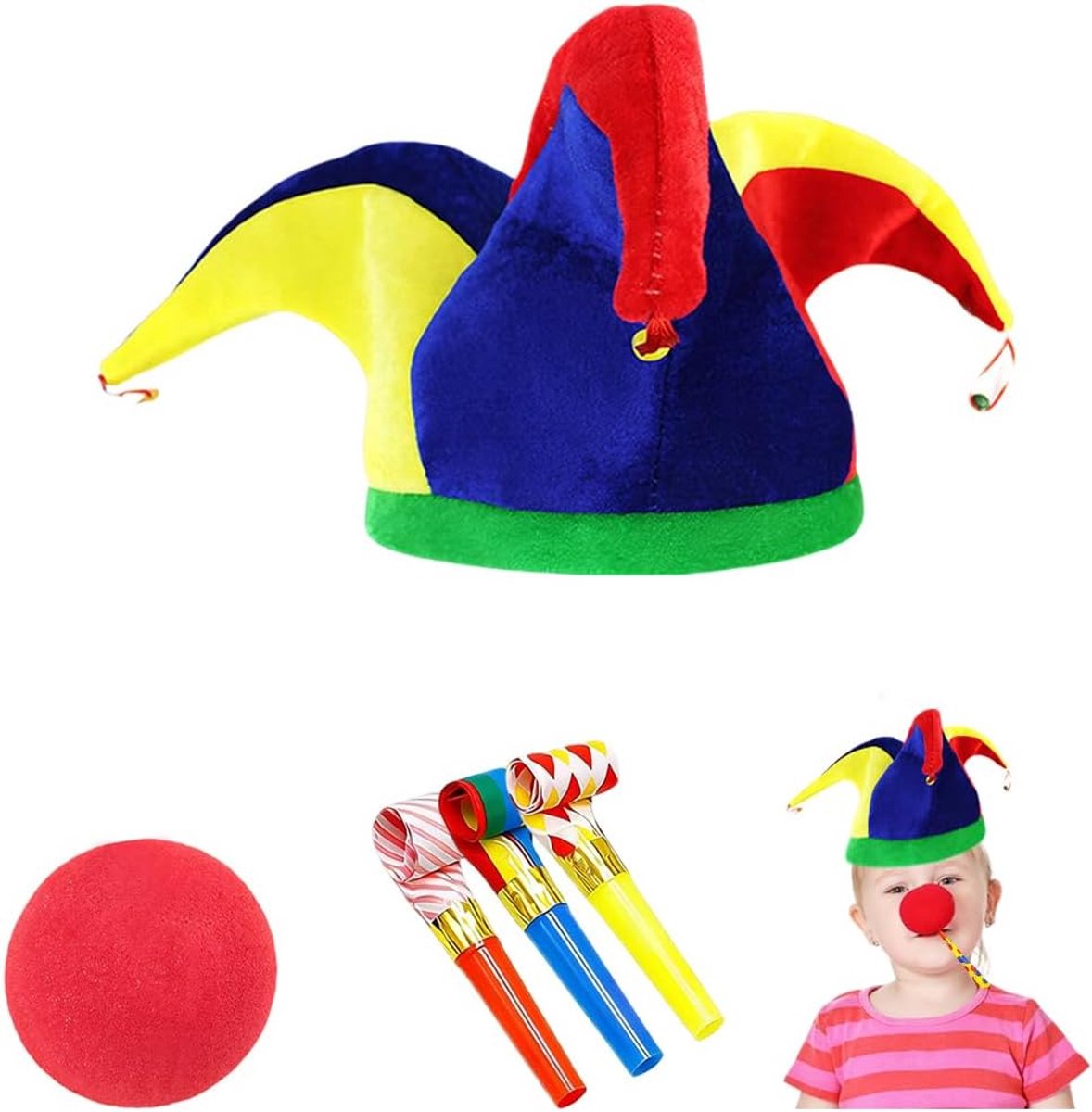 driehoekige hoed met rode neus en fluitjes, onmisbaar accessoire voor clownkostuum en verjaardagsfeest, ideaal voor carnaval en entertainment