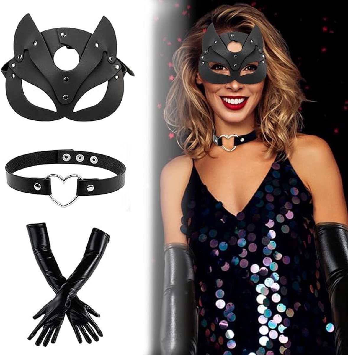 3-delige set Catwoman masker dames kattenmasker kat vrouwen masker kattenmasker dames sexy kattenmasker catwoman voor kostuumfeesten, carnavalsfeesten, cosplay met 1 paar leren handschoenen vrouwen 1