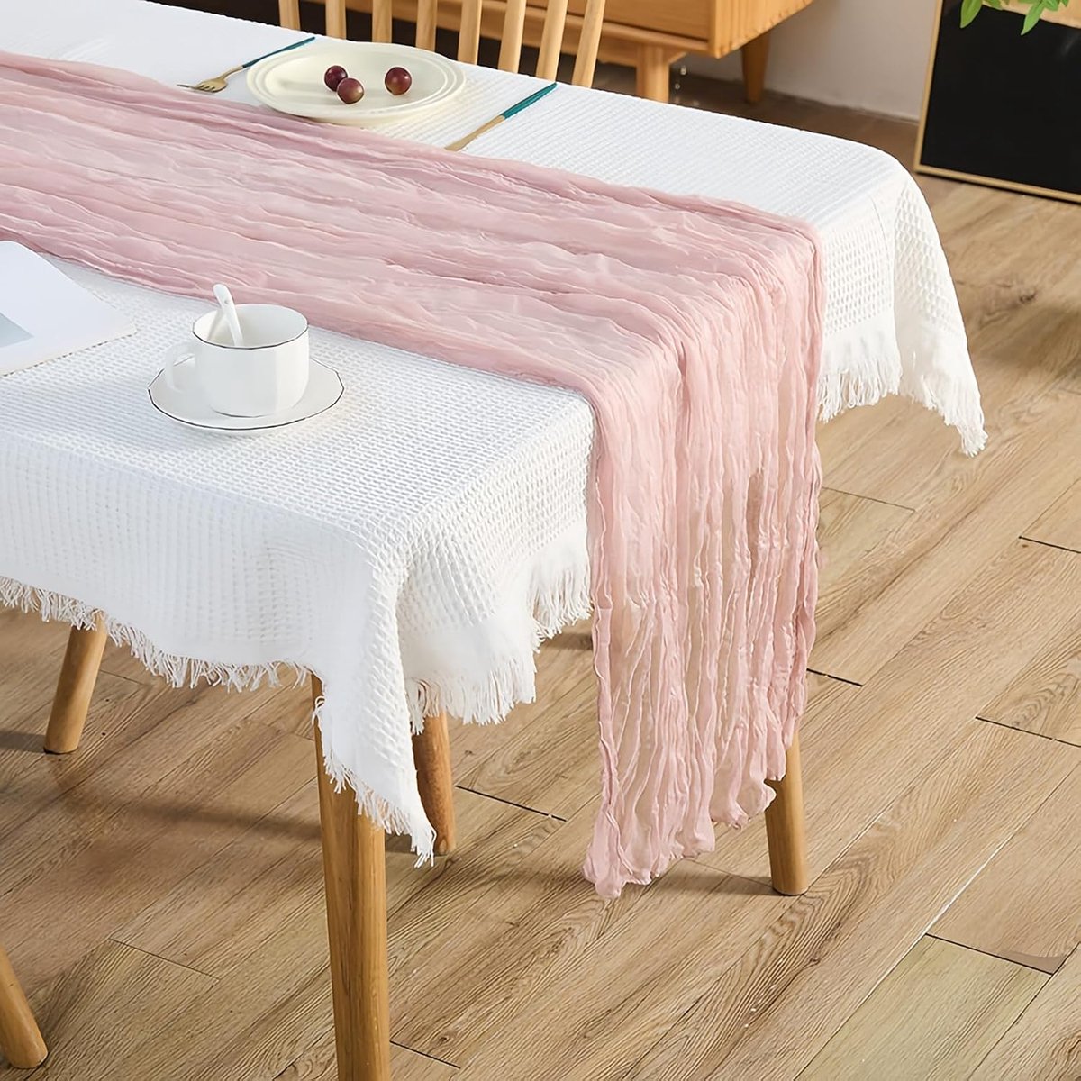 tafelloper, 90 x 180 cm, bohemien roze chiffon, rustieke tafelloper van gaas, tafeldecoratie voor keuken, vakantie, bruiloft, verjaardagsfeest