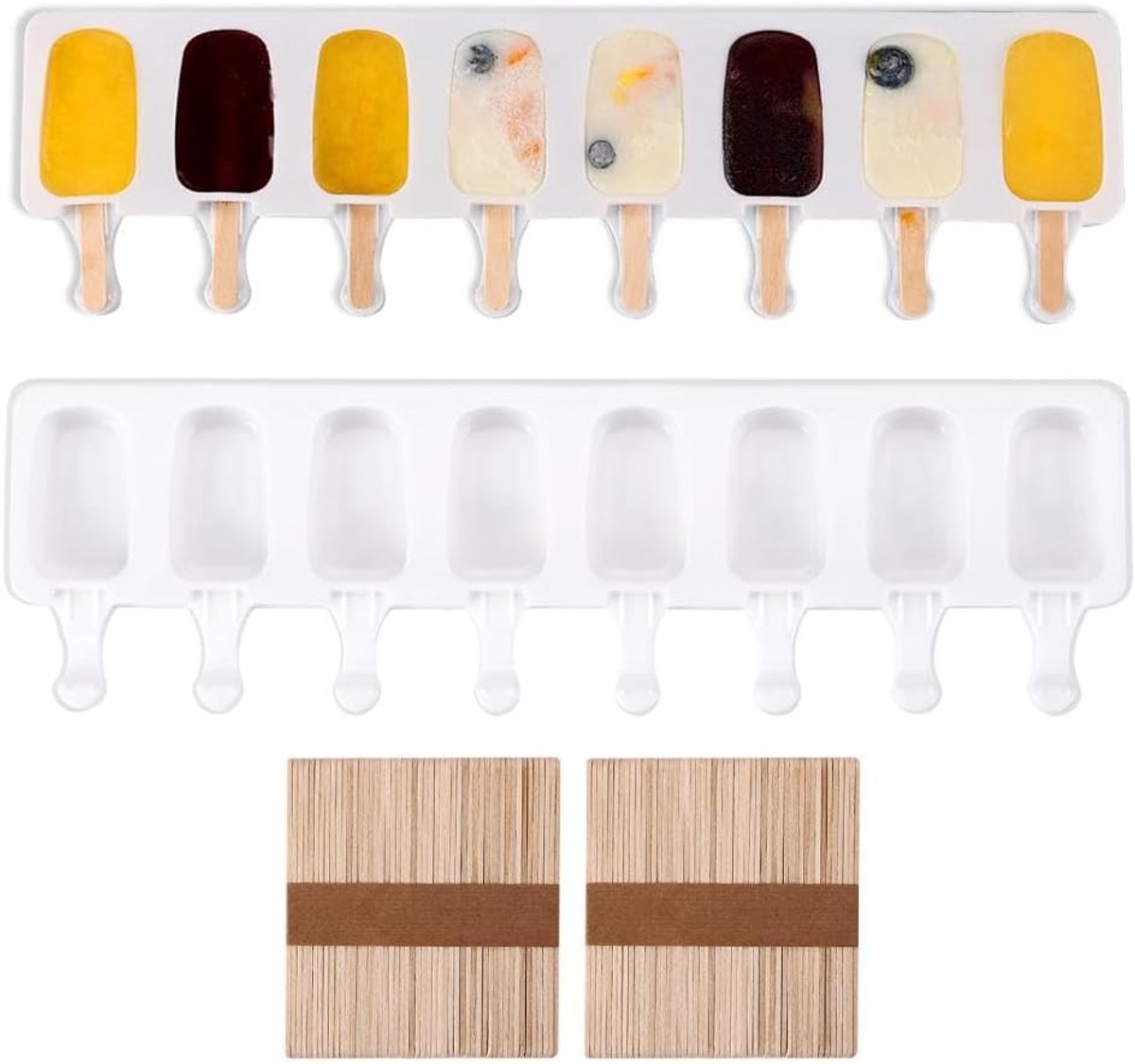 Siliconen, ijslollyvorm, Siliconen Vorm, Natuurlijke Houten Stokjes, ijsvorm, BPA-vrije bakvorm voor cake en ijslolly's (A)