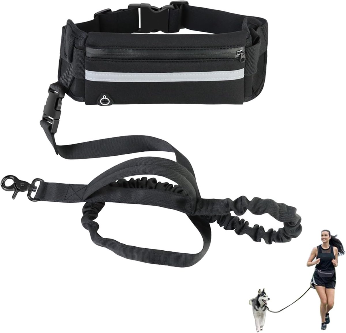 Hondenriem, hondenriem met riem, afneembare zak en elastische riem, ideaal voor hardlopen en wandelen met je hond (zwart)