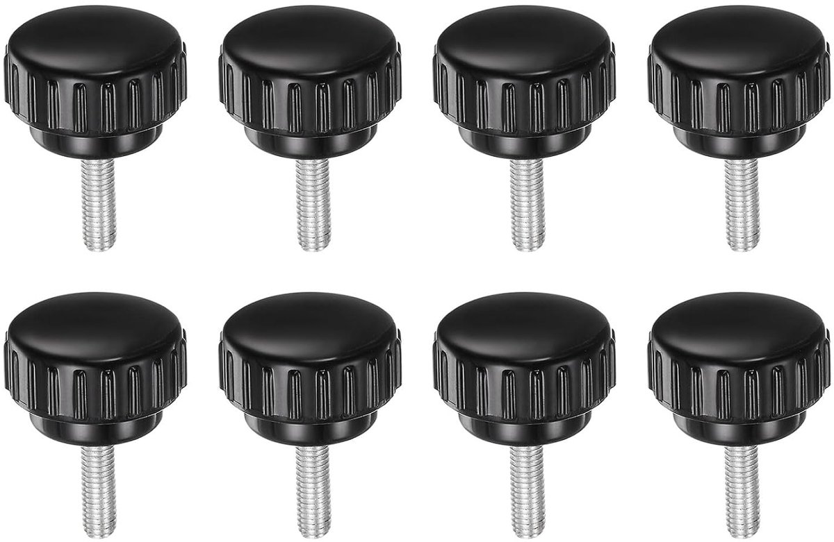 8 stuks gekartelde spangrepen, M5 x 16 mm, kopschroef buitendraad koolstofstaal, metrisch, 25 mm ronde kop, kunststof schroefdraad, handschroef, zwart