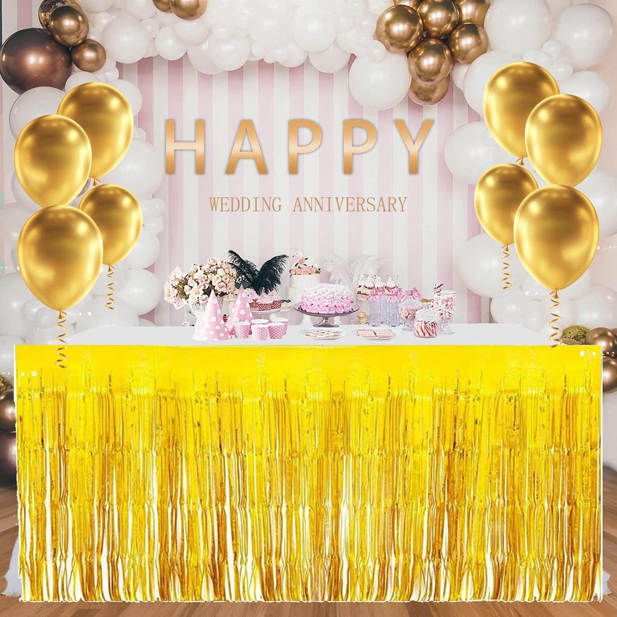 4-pack metallic folie franje klatergoud tafelrokken voor rechthoekige tafel, streamer gordijnen achtergrond voor bruiloft, verjaardagsfeestje, optocht, desserttaarttafels, 77 x 274 cm, goud