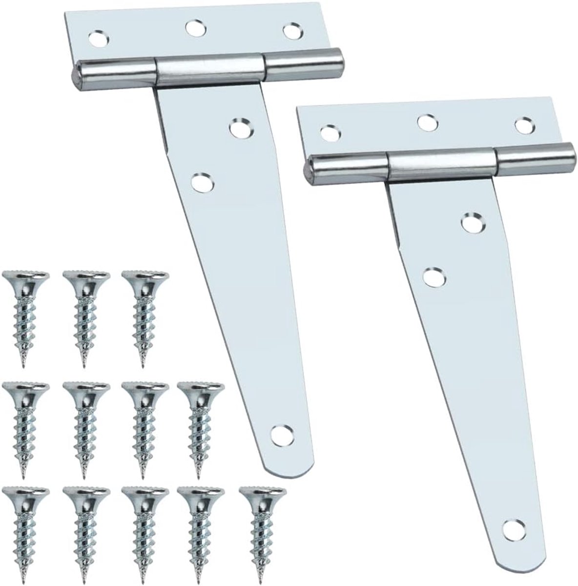2 Stuks 4 inch T-Scharnier, T-Strap Scharnieren met 12 Schroeven, T-Scharnier voor Houten Deurpoort, Metalen Riem T-Scharnier, Deurscharnier voor Ramen, Schuren (Zilver)