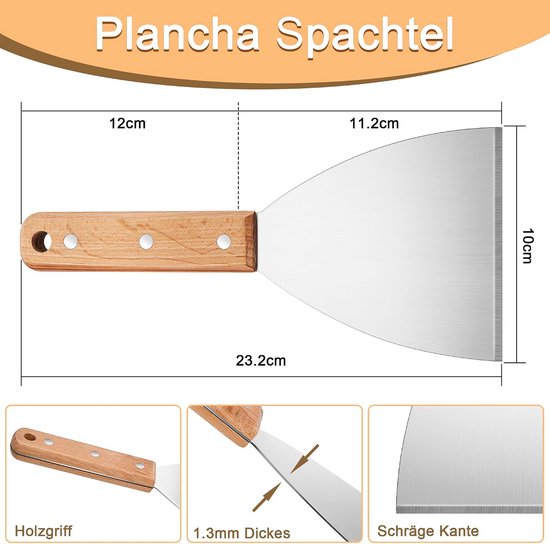 2 stuks grote roestvrijstalen grillspatel set - houten handvat - Plancha spatel en grillspatel voor smash burger, teppanyaki, BBQ-accessoires, grillgeschenken voor mannen — afbeelding 2