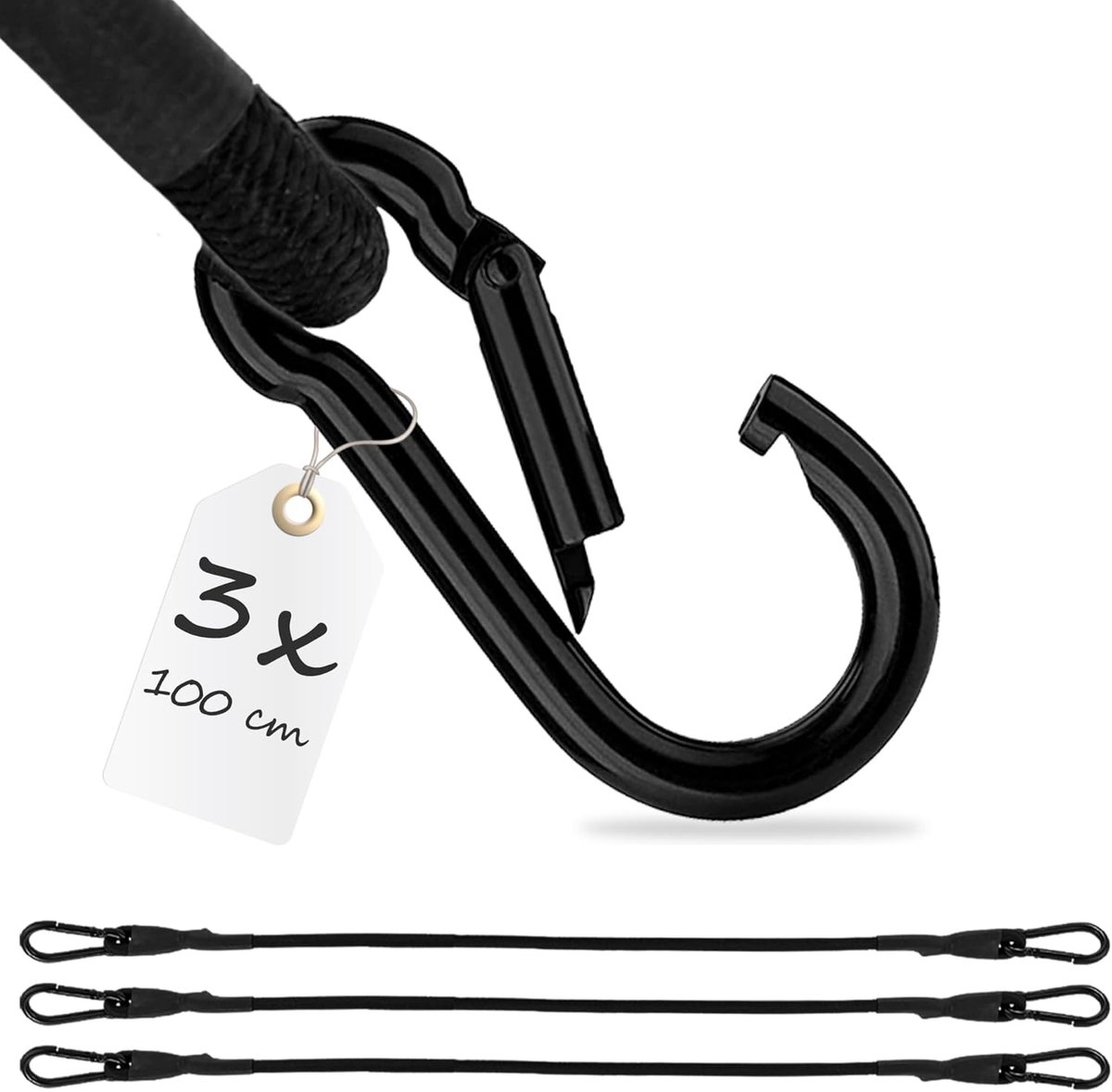3x Spanelastiek met karabijn 100cm in Zwart Rubberen spanbanden, bagagespanband, expander, spanband voor fiets, auto, bagage, transportbeveiliging