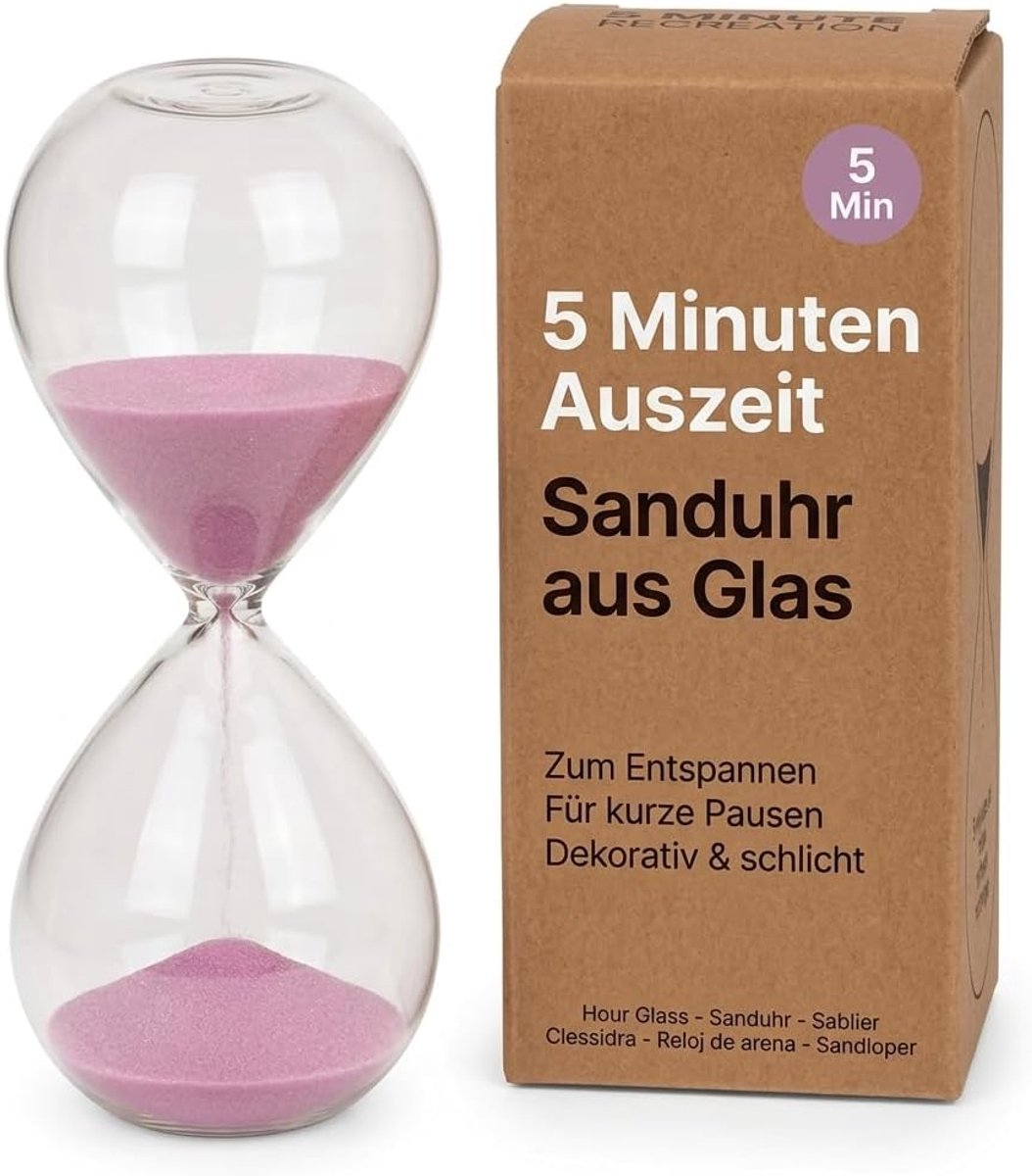 5 minuten timer, recreatie, ontspanning, refresh recharge, decoratieve zandloper, timerklok, decoratie timer in keuken, woonkamer, kantoor, cadeau voor vrienden, familie, 12,5 cm (roze)