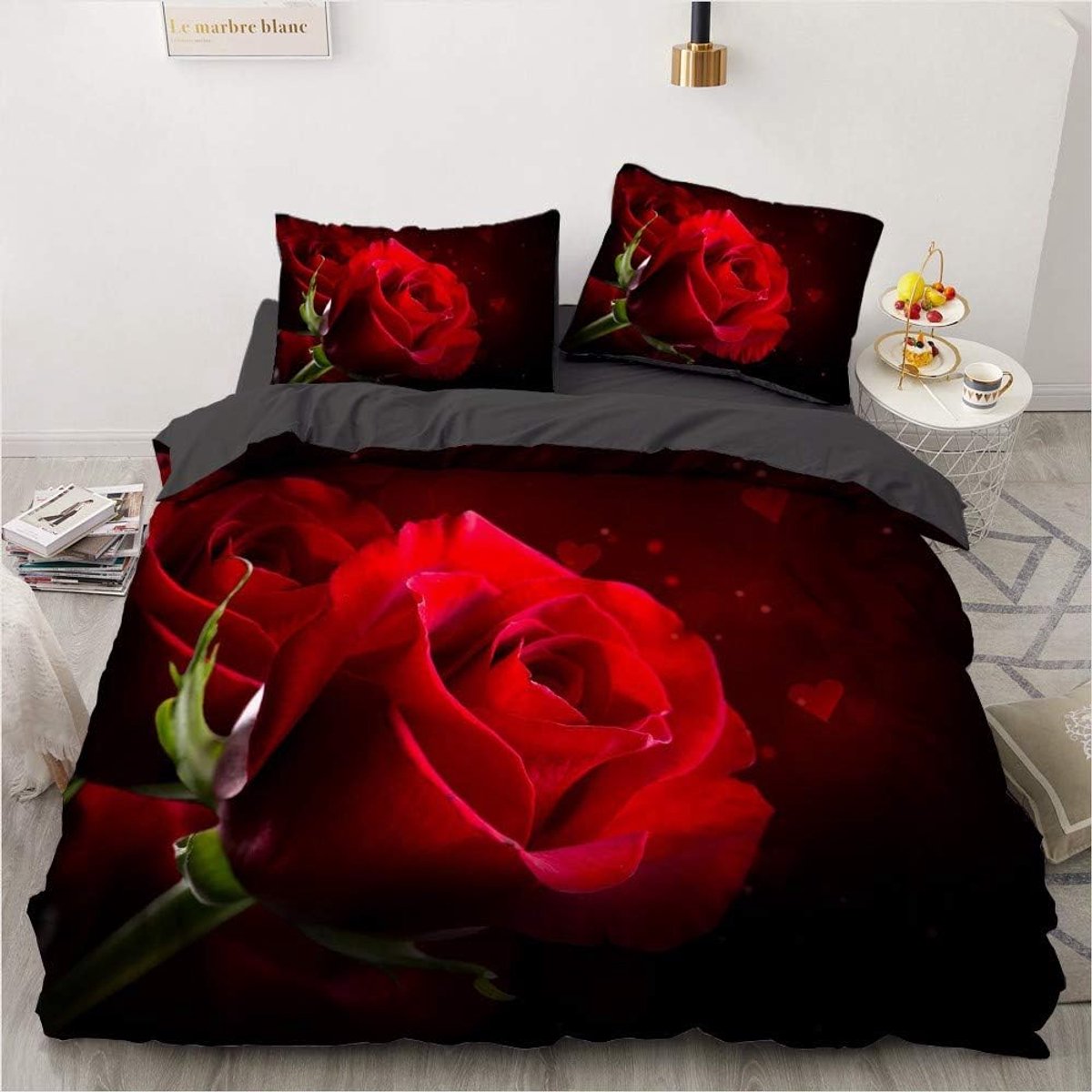 Beddengoed, 135 x 200 cm, 4-delig met rode roos bloemenpatroon, dekbedovertrek set, zachte microvezel, romantische aesthetische bloemen, dekbedovertrek met ritssluiting en 2 kussenslopen 80 x 80 cm