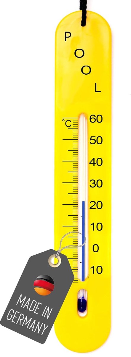 Zwembadthermometer zinkend met snoer voor watertemperatuurmeting in de diepte, temperatuurweergave -15 °C tot 60 °C, analoge thermometer, geel, voor zwembad, vijver, whirlpool en zwemvijver
