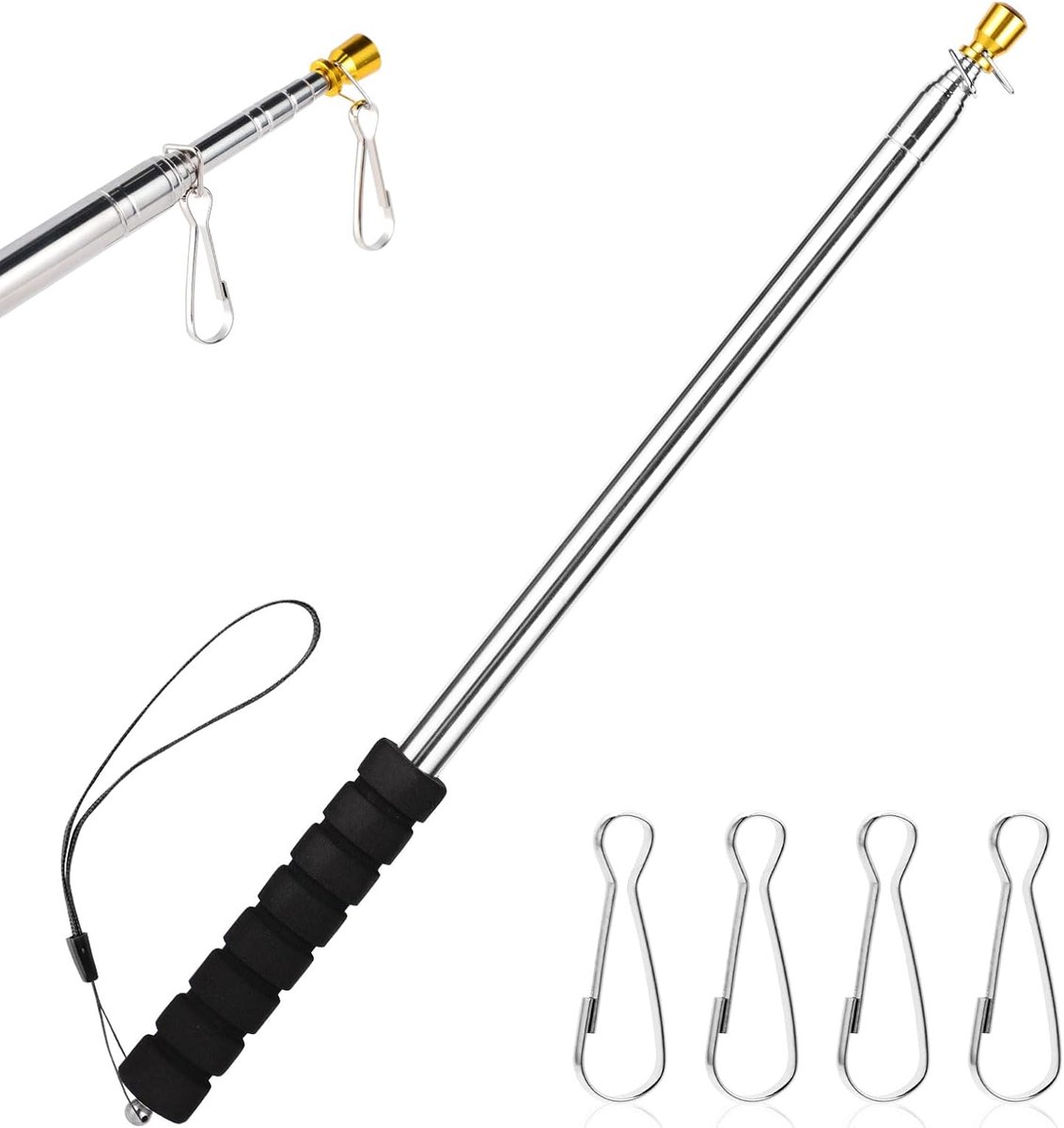 3m Telescopische Vlaggenmast, Roestvrijstalen Handheld Draagbare Uitschuifbare Intrekbare Vlaggenmast met Anti-Slip Grip Clip voor Tourgids Festival Onderwijsaanwijzer (3m - Zwart)