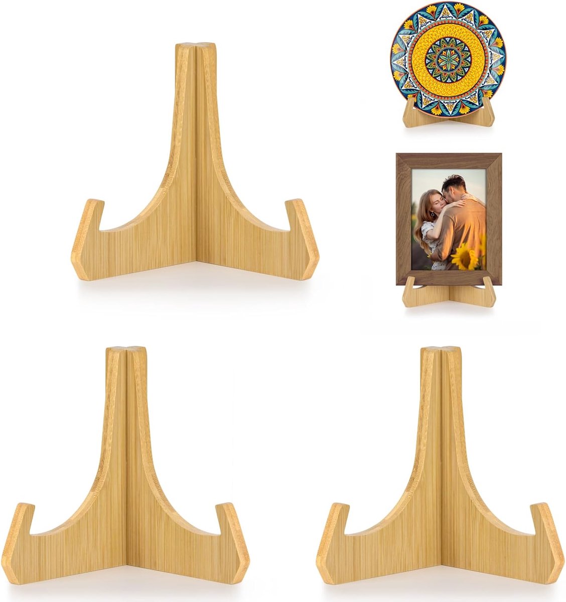 Bordstandaard voor Presentatie, 6 Inch Bordhouder, Bamboe Fotolijststandaard voor Tafels, Tafelezels, Decoratieve Standaard voor Schotels, Borden, Boeken, Foto's en Plaquettes (3 Stuks)