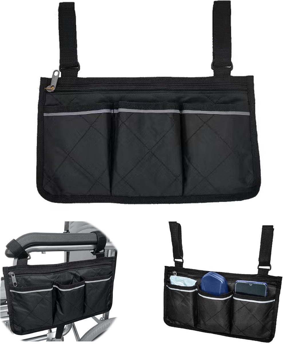 Opbergtas voor rolstoelen, waterdichte rolstoeltas | zwart; voor armleuning met reflecterende strepen, rolstoeltas, draagbaar, voor de meeste rolstoelen, rollatoren, kinderwagens