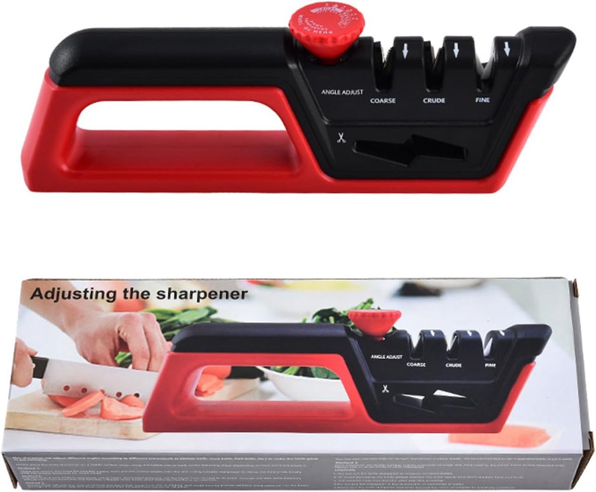 messenslijper, 4-in-1 keukenmes, slijper, handmatig mes slijper gereedschap voor het slijpen van keukenmessen, schaar (rood grijs)