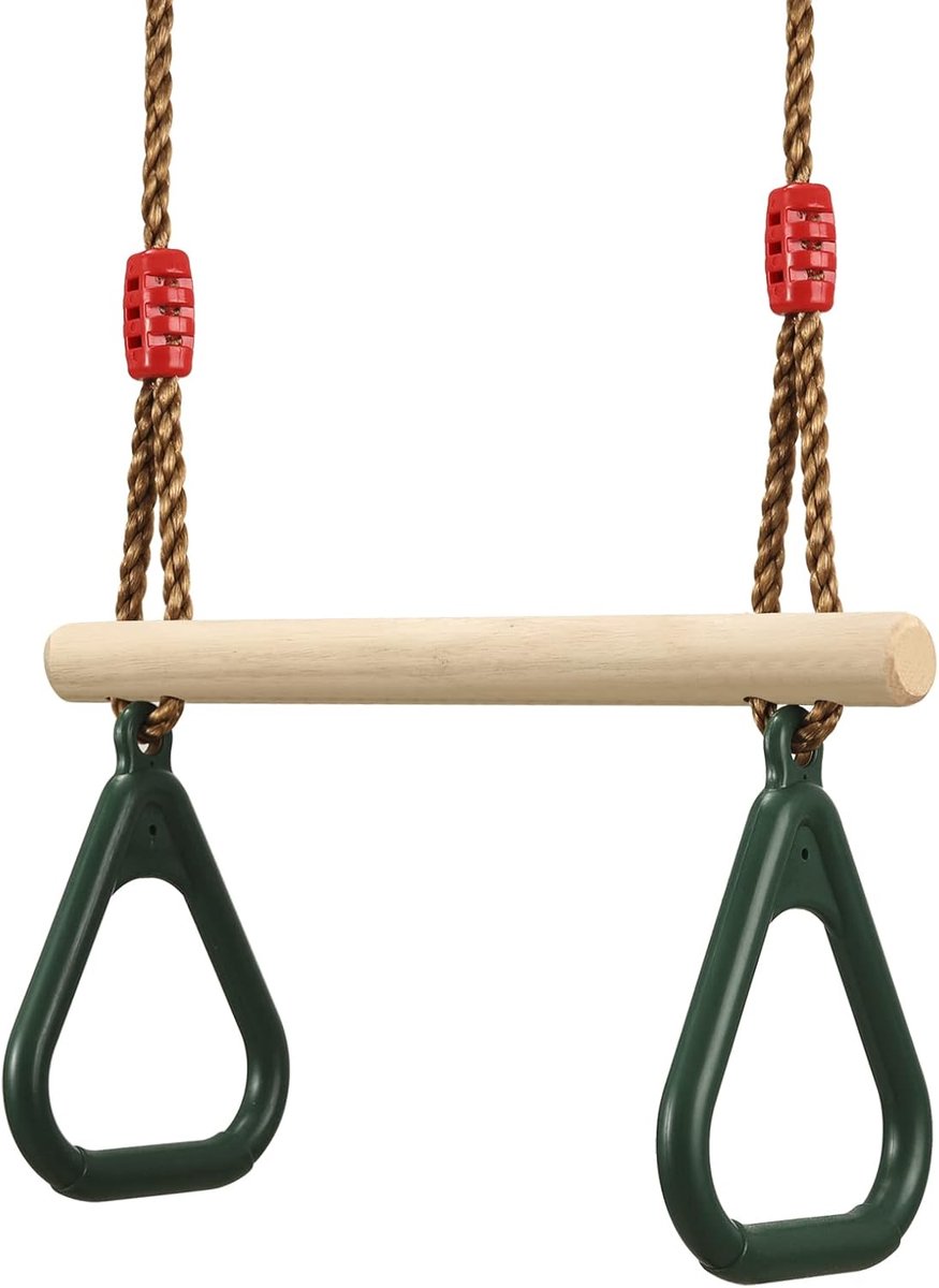Multifunctionele houten trapeziumschommel met kunststof turnringen om op te hangen, belastbaar tot 160 kg, groen