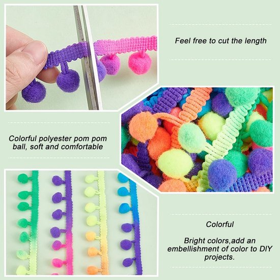PandaHall 20 Yards Pom Pom Trim Regenboog Fringe Ball Trim 8,5 ~ 26 mm Ball Fringe Lint, Garland Lint Naaien Kwastje Kant voor Thuis Party Decor Kleding Jurk DIY Ambachten Naaien, 12 mm Bal van pandahall — afbeelding 3