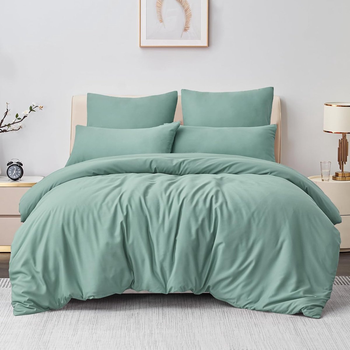 Beddengoed 200 x 220 cm, 3-delig, groen, microvezel beddengoedsets saliegroen met ritssluiting, Oeko-Tex dekbedovertrek 220 x 200 cm, 3-delig, met kussensloop 80 x 80 cm, zacht en strijkvrij